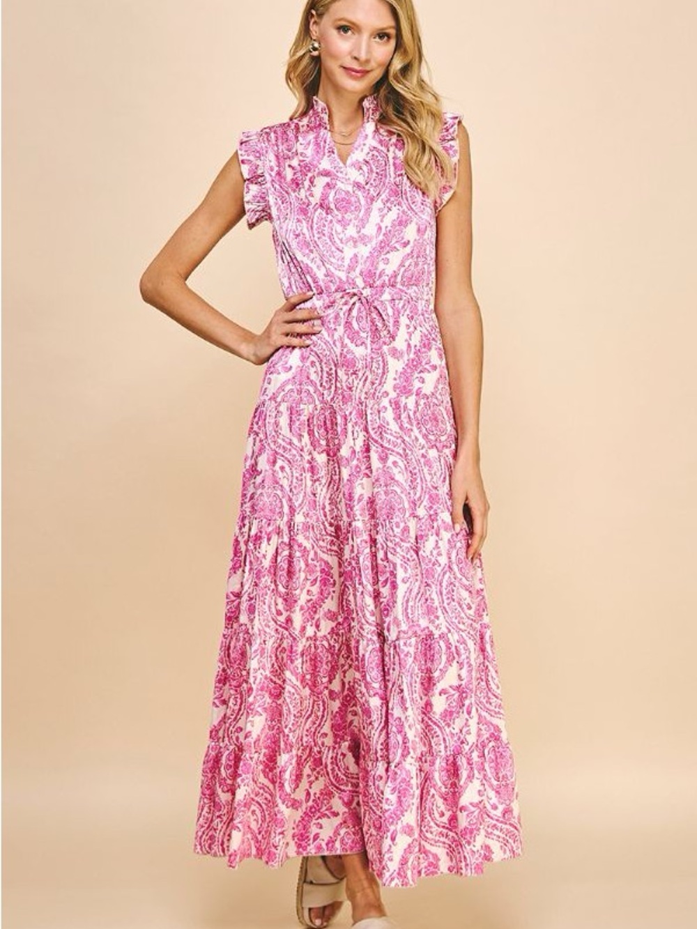 Pink PinchPaisley Maxi Dress with Tie Waist
